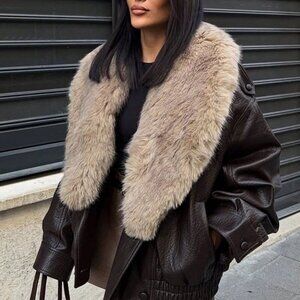 Brown Casual Women's Double-Breasted Leather Jacket